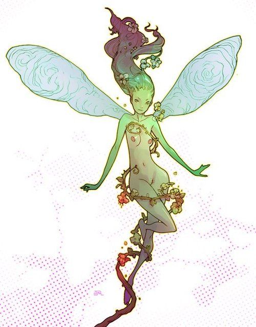 an art illustration shows a nude greenskinned fairy with purple flowing hair, with wings and a vine wrapped around her body, set against a textured background.