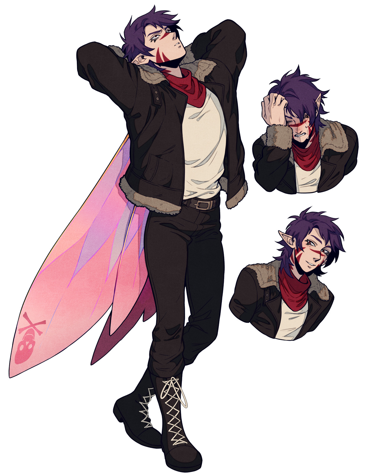 a digital illustration of a male fairy character concept with three different poses. he has purple hair, red facial markings, and wears a black jacket, white shirt, black pants, and black boots. he has pink fairy wings with a skull and crossbones on them.