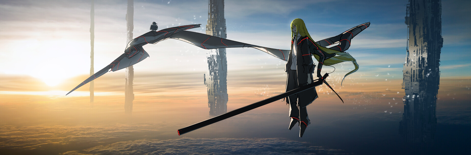 the image is a digital painting or illustration depicting a young animestyle girl with long blonde hair. she is floating in the sky, seemingly suspended by a large, dark, winglike structure that also incorporates a long, bladed weapon that resembles a katana.  she is dressed in dark clothing suggestive of a futuristic or fantasy setting. the background features tall, futuristic skyscrapers piercing a sky transitioning between sunset and sunrise hues.  clouds cover the lower portion of the scene. the overall atmosphere is serene, peaceful, and somewhat ethereal. a small bird is perched on one of the wing structures.  the art style is stylized and leans towards concept art with a focus on atmospheric perspective and mood.