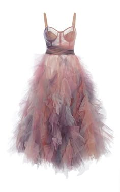a pink tulle gown with a feathery layered skirt, straps, and a strapless bodice. the dress is a luxurious and elegant design, perfect for a special occasion.