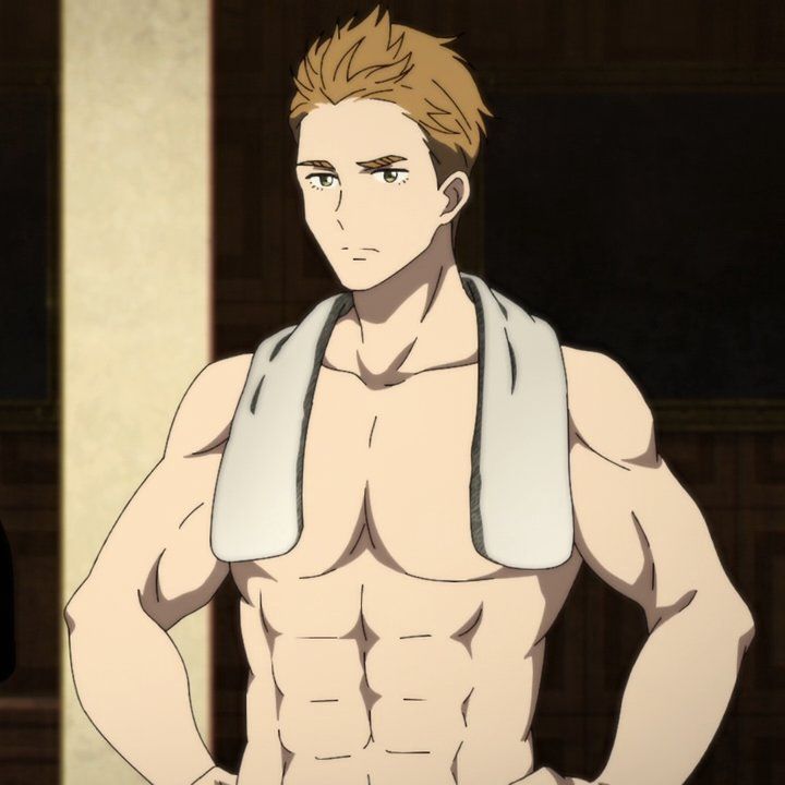 a shirtless anime male character with blonde hair and defined abs stands with a towel around his neck and stares out towards the viewer with a stoic expression. the background is of a dark wood paneled room with a white wall on the left.
