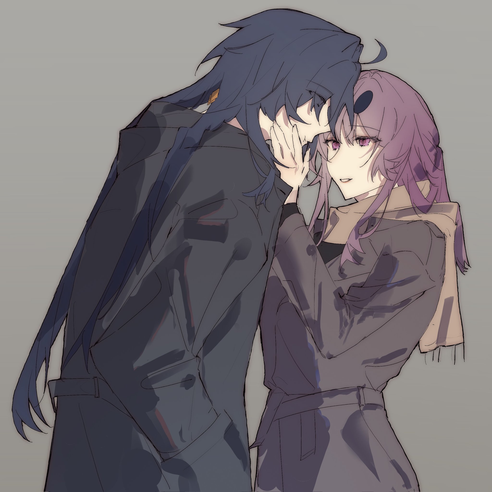 the image is a digital art illustration of an anime couple. the male character is wearing a black coat with long blue hair. the female character is wearing a brown coat and a tan scarf with long purple hair. the male character is holding his hand on the female character's cheek, and they are looking at each other lovingly, both blushing.  the image has a soft and romantic vibe, showcasing the affection between the couple.