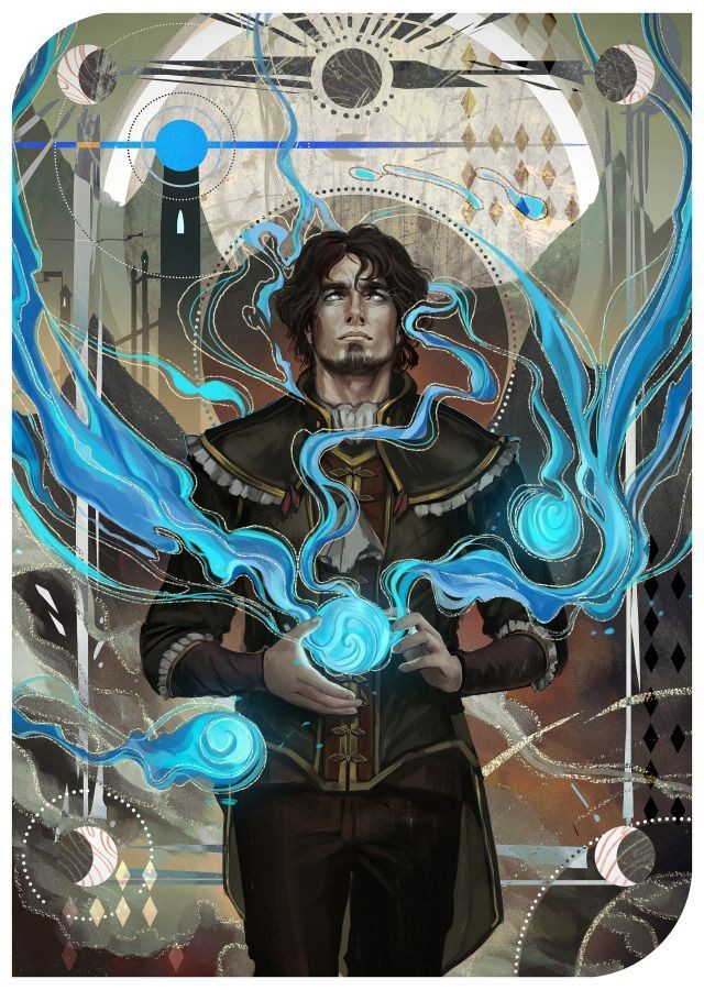 the image depicts a male sorcerer, dressed in a dark brown and green outfit, standing in the center of a mystical and abstract background filled with swirling blue energy and abstract celestial patterns. he is holding a ball of blue energy in his hands, with other orbs of similar energy floating around him. the man has a serious expression and appears to be concentrated on his magical power. the overall atmosphere is otherworldly and ethereal, highlighting the arcane and powerful nature of the sorcerer.