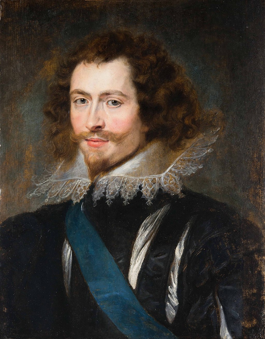a portrait painting of a man with curly brown hair, a mustache, and a beard. he is wearing a black outfit with a lace collar and a blue sash across his chest.