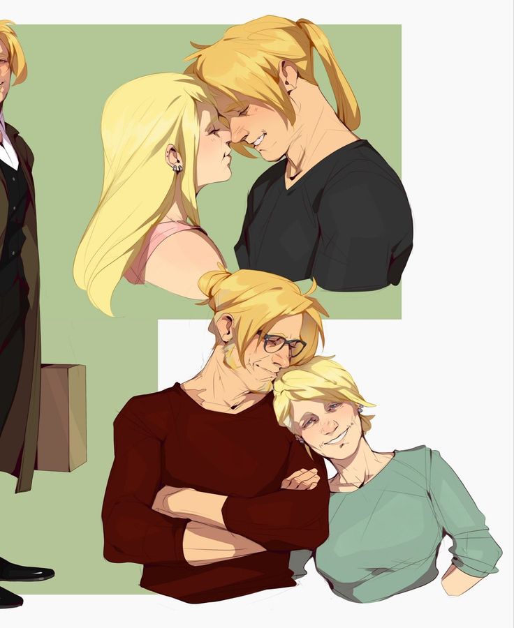 the image is a digital fanart depicting multiple scenes of a couple, possibly from an anime or manga. the style is casual and soft, with a focus on the emotional connection between the characters.  the artwork showcases various poses and angles of the couple:  one shows a younger version in a more romantic closeup, and others depict an older couple, showing the passage of time and continued affection. the art is done in a style that's reminiscent of anime or manga character design, with soft color palettes and emotive character expressions.