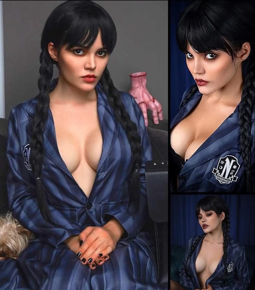 the image is a collage of three photos featuring a woman cosplaying as wednesday addams from the netflix series "wednesday".  she's dressed in a dark blue pinstripe robe reminiscent of the character's school uniform. her black hair is styled in long braids, and she's wearing dark makeup.  the images show her from slightly different angles and poses, with varying degrees of how much of her cleavage is shown. one image includes a somewhat creepylooking prop hand in the background. the overall aesthetic is dark, seductive, and reminiscent of the gothic style associated with the character and the show.