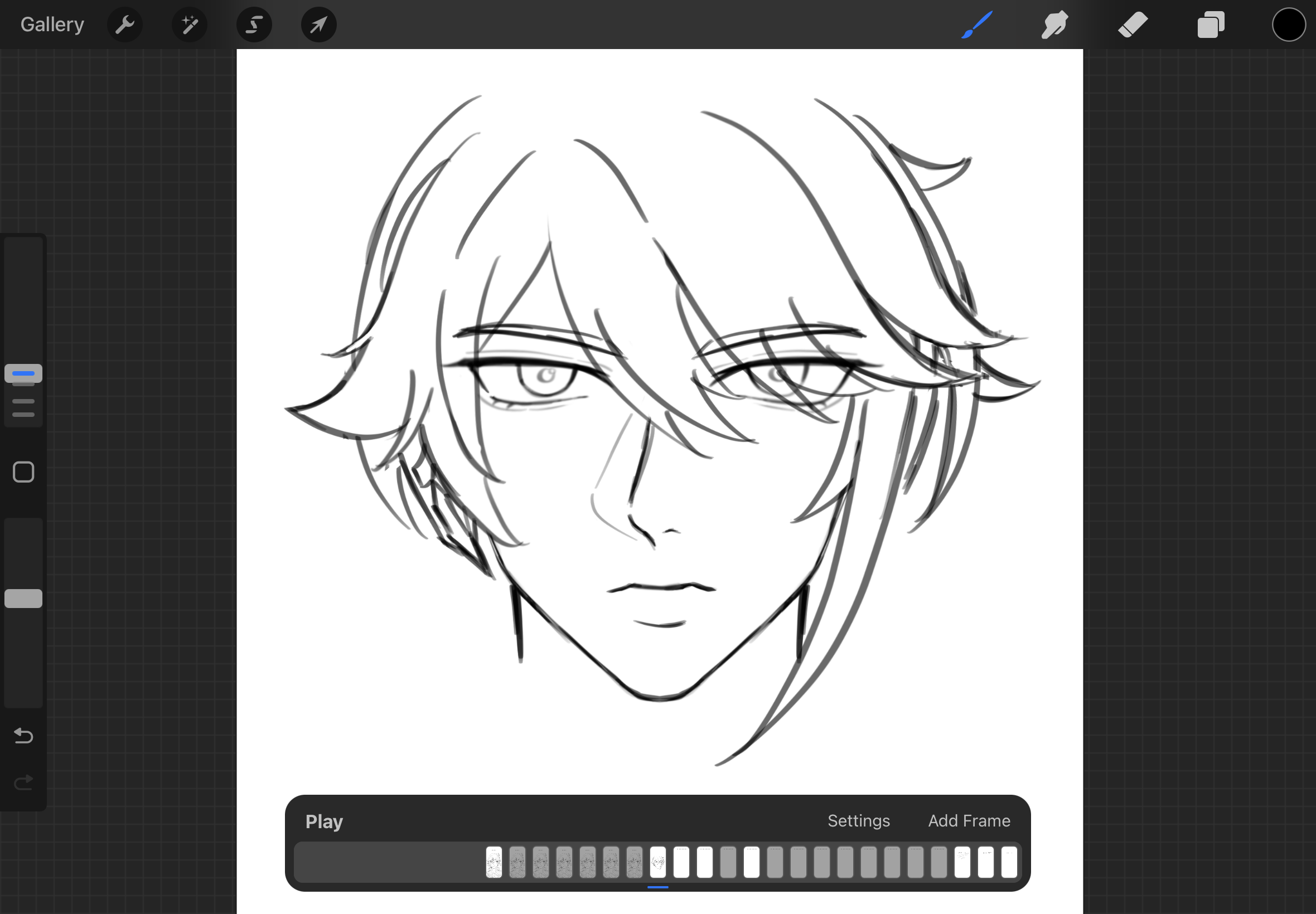 a digital drawing of a male anime character's face. the art is in line art style, and the character has distinct hair, eyes, nose, and lip features. the drawing is within the procreate app, with its animation interface and timeline visible at the bottom of the screen.