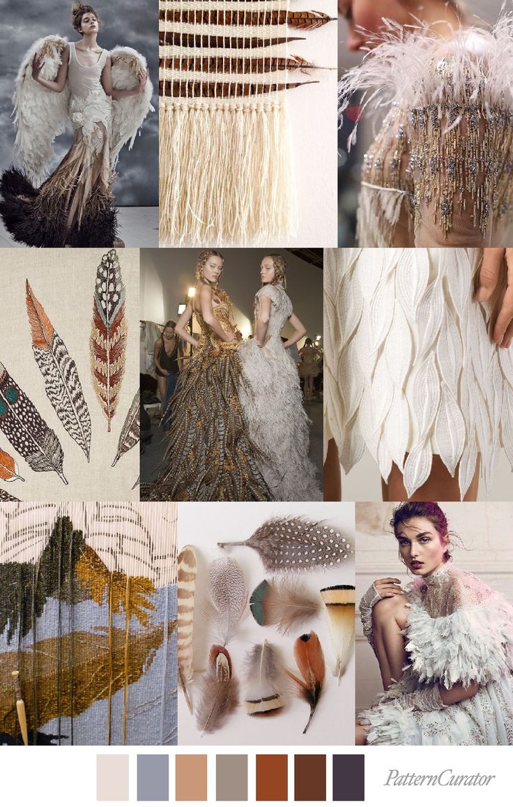 this image is a fashion mood board that showcases a collection of different textures, colors, and patterns that are inspired by feathers. the mood board is organized into a grid of nine squares, with each square featuring a different image or element. the top left square shows a model wearing a dress with a feathered design. the top middle square shows a closeup of a woven fabric with fringe that resembles feathers. the top right square shows a closeup of a feathered garment with sequins. the middle left square shows a collection of colorful feathers. the middle middle square shows two models wearing dresses with feathers. the middle right square shows a white fabric with featherlike textures. the bottom left square shows a fabric with a woven pattern. the bottom middle square shows a collection of feathers in different colors and textures. the bottom right square shows a model wearing a dress made of feathers.the mood board also includes a color palette that represents the colors that are featured in the images. the colors are beige, gray, light brown, brown, rust brown, and dark gray.this mood board is a great source of inspiration for anyone who is interested in designing or creating fashion, textiles, or other creative projects.