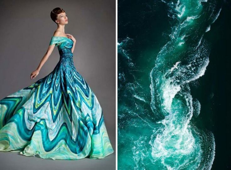 a woman in a blue and green dress stands on the left side of the image. the dress is patterned to look like the swirling waves of the ocean. the right side of the image shows a close up of a whirlpool in the ocean. the water is a deep blue and green with white foamy waves.  the image is divided into two sections, one of a woman in a dress, and the other of a water whirlpool.