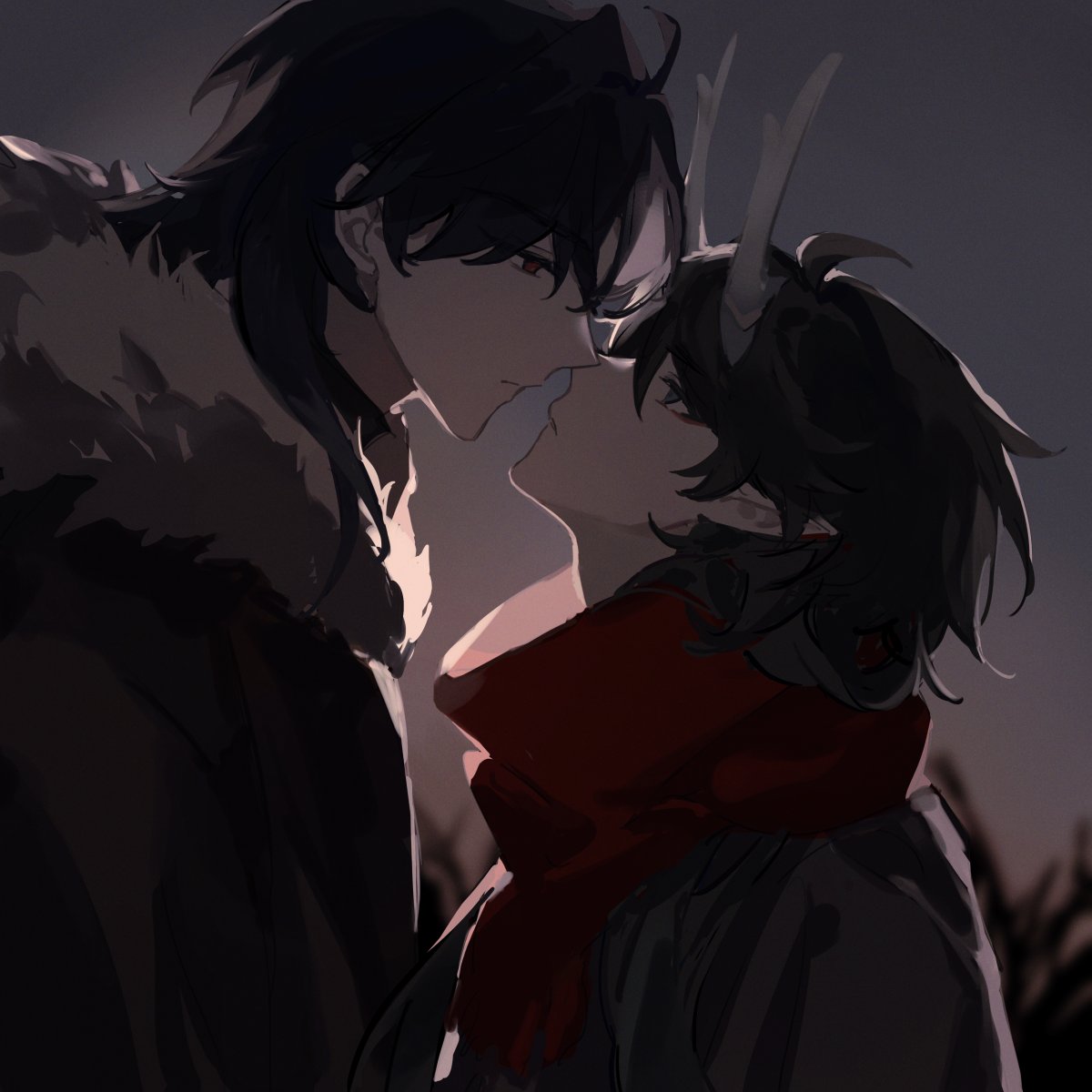 the image is a digital illustration of two anime males, both