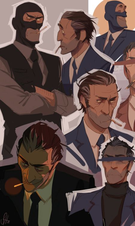 a vibrant digital illustration featuring several characters from the popular video game team fortress 2. the image showcases various spy characters, each rendered with distinct styles and expressions. the spies, all dressed in sophisticated suits, create a compelling visual narrative.  the piece employs dynamic shading and bold color choices to highlight the characters' features and overall mood.  the illustration hints at a storyline or a moment of shared camaraderie or tension among these covert operatives.