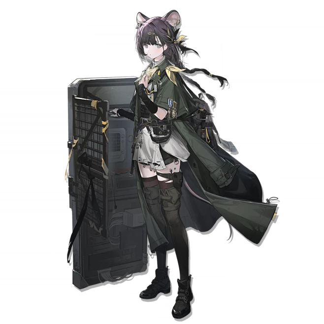 the image features a female anime character with long purple hair and mouse ears. she's dressed in a militaryinspired outfit with a green coat, white dress, black thigh highs, and tactical gear. she stands confidently holding a large, metallic shield with a cautiontape pattern on it. the background is entirely black, emphasizing the character and her attire.  the lighting is soft and comes from the front, highlighting her features.