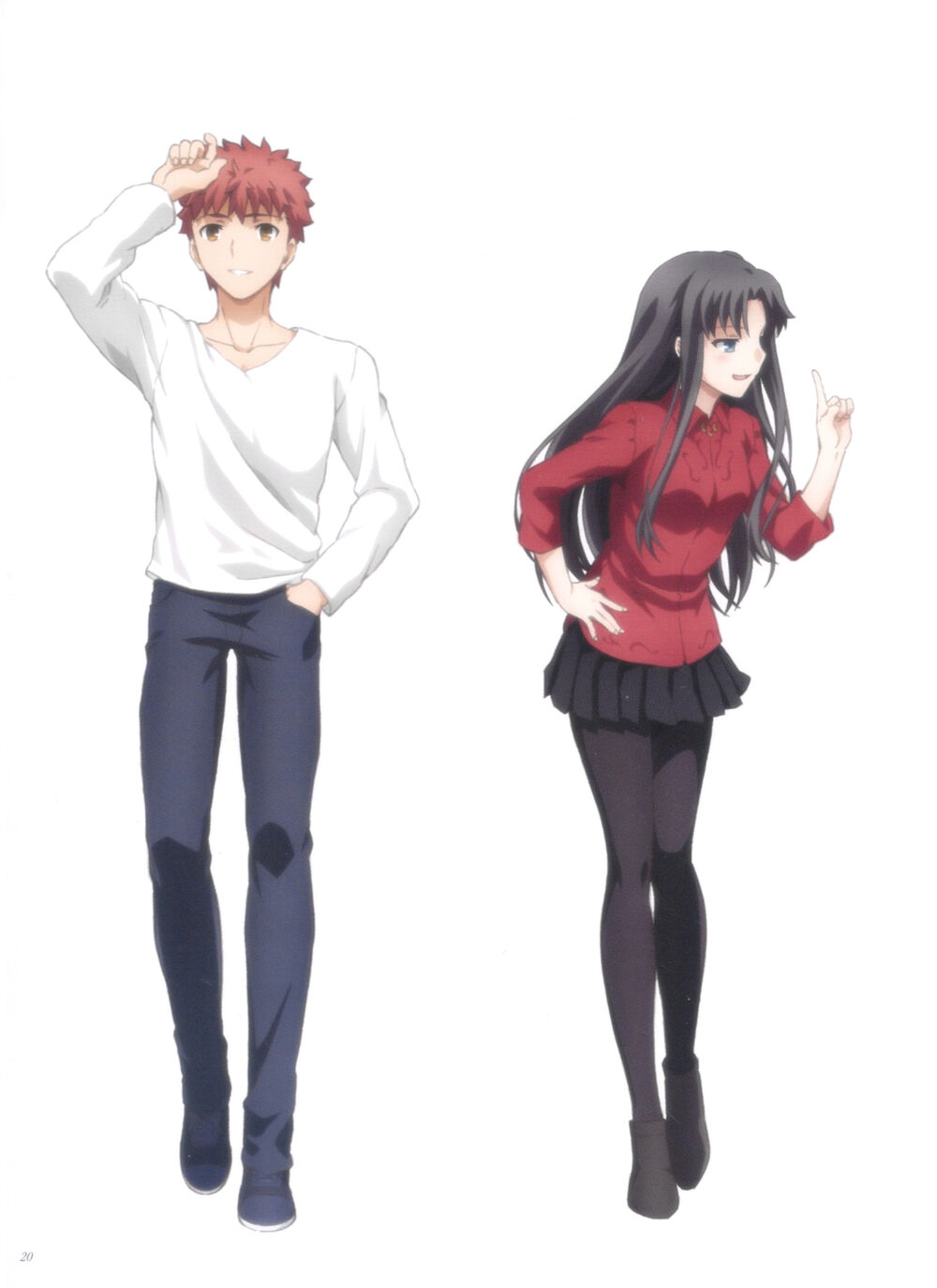 n animestyle illustration featuring two characters, rin tohsaka and shirou emiya, from the fate series. rin is depicted in a red shirt, black pleated skirt, and black tights, with a confident pose. shirou is dressed casually in a white longsleeved shirt and dark pants.  both characters are shown from the knees up, against a plain white background.  the style suggests a promotional image or artwork from the anime.