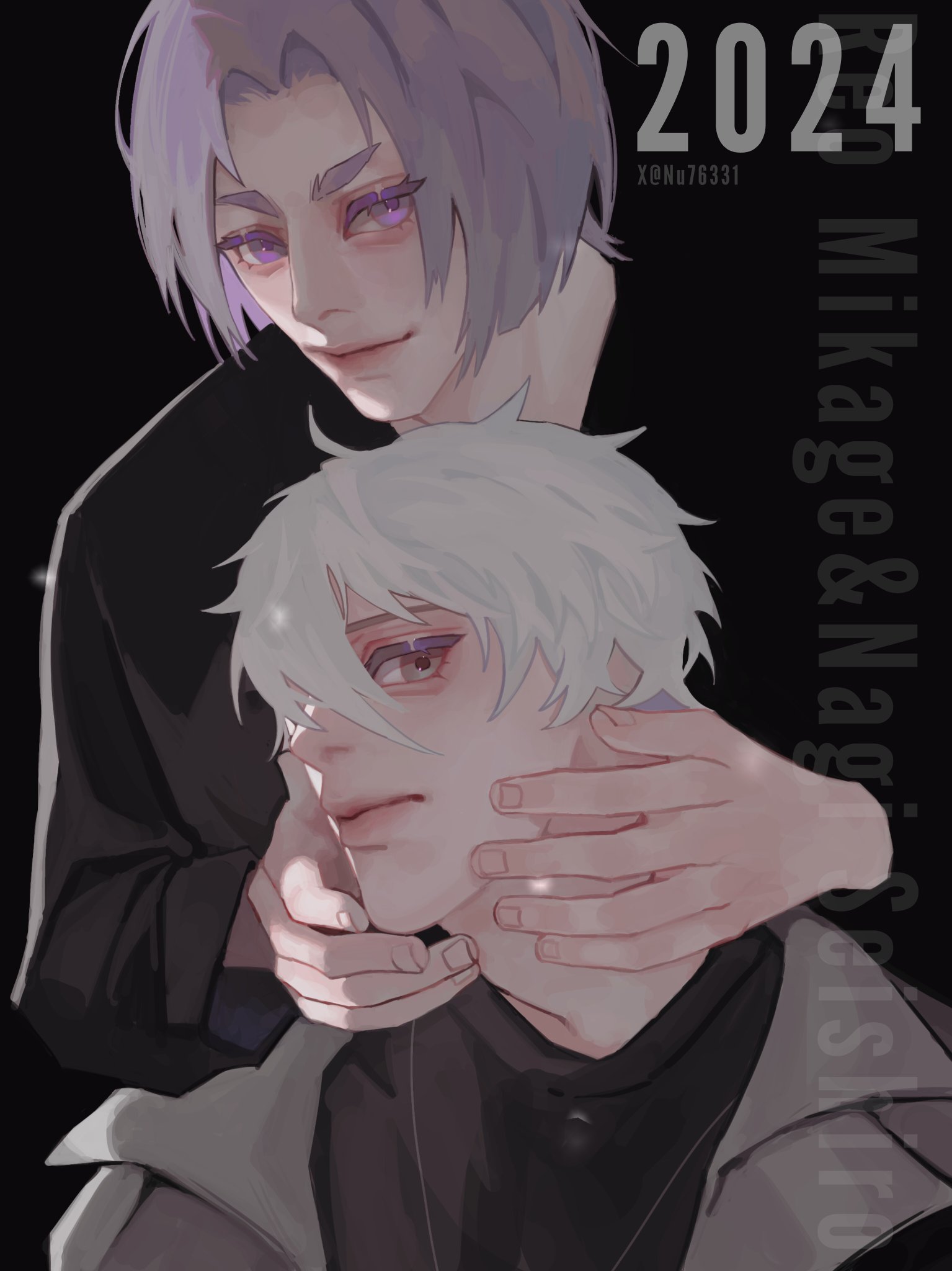 the image is a digital illustration of two anime boys, mikage and nagisa, in a romantic embrace. mikage, the one with white hair, is being held by nagisa, who has purple hair. their faces are close, and their expressions are tender and loving. the background is a black and white color scheme, with a large "2024" in the upper right corner, indicating that this is a calendar image. the image conveys a sense of love, affection, and tenderness between the two characters.