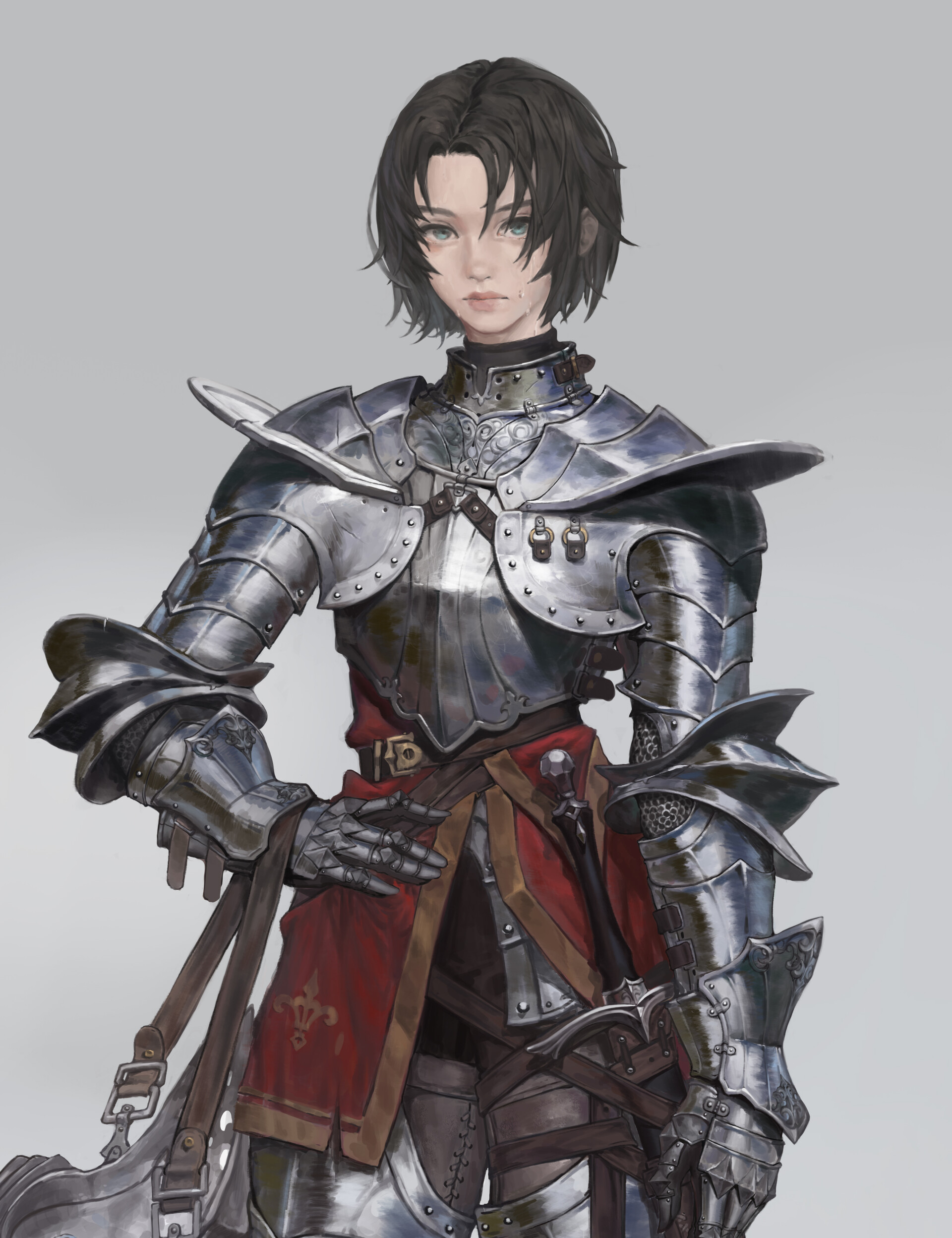 a female knight in ornate plate armor stands at attention.  she has short, dark hair and a neutral expression.  her armor is silver with gold accents and includes a breastplate, pauldrons, gauntlets, and greaves.  a red tunic with a brown leather belt is visible beneath the armor.  she is equipped with a sword on her left hip and a large, stylized shield slung across her back.