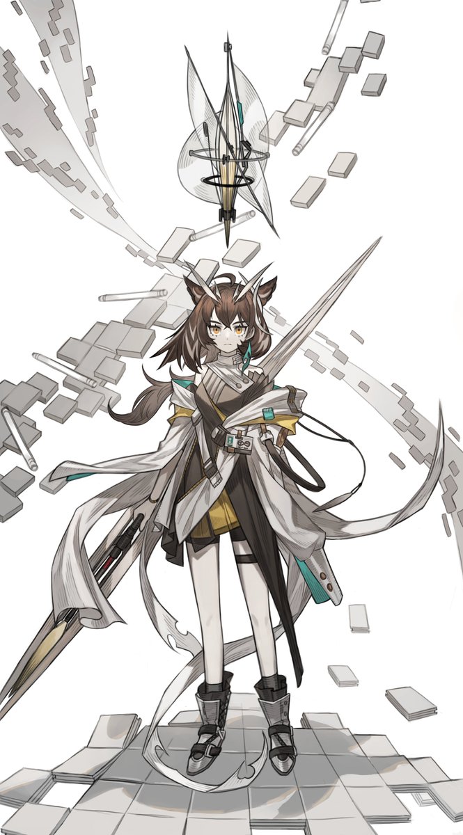 the image showcases a young woman, likely an animeinspired character, standing confidently amidst a digitally rendered environment. she is dressed in a striking outfit that blends futuristic elements with flowing fabrics. she has animal ears and a tail, suggesting a fantastical element to her character.  her weapon, a sleek and sharp sword, is prominently displayed, hinting at her combat prowess.  the environment is abstract, with white platforms and swirling digital effects that create a sense of motion and power. the soft lighting enhances the overall ethereal and captivating atmosphere.