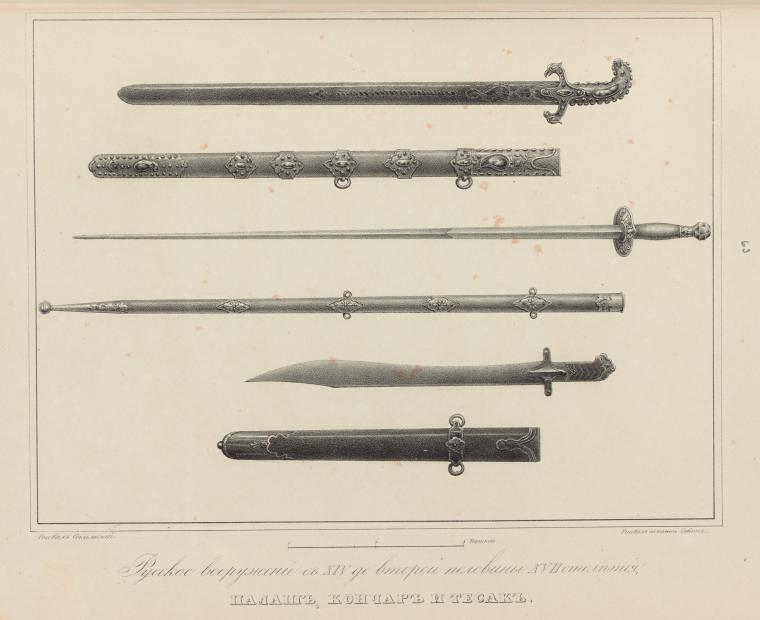 the image is a drawing of several edged weapons, specifically swords and related arms. included are a palash (saber), a kontar (thrusting sword), and a tesak (heavy knife or short sword). each weapon is depicted with its blade and scabbard, showing the designs of the hilts, blades, and scabbard decoration. the drawing provides a visual representation of russian weaponry from the 14th century to the second half of the 18th century.
