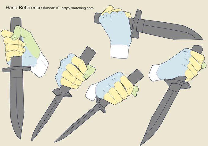 the image is an art tutorial showing multiple hand poses gripping a knife. each hand is drawn in a slightly different position, offering a variety of angles and perspectives to help artists learn how to accurately depict hands holding a knife.  the style is clean, simple, and illustrative, likely aimed at comic book artists or animators. the hands are colored in pale shades of yellow and blue/green, making them easy to distinguish. the background is a neutral beige.  the image provides a helpful reference for drawing hands in various gripping positions.