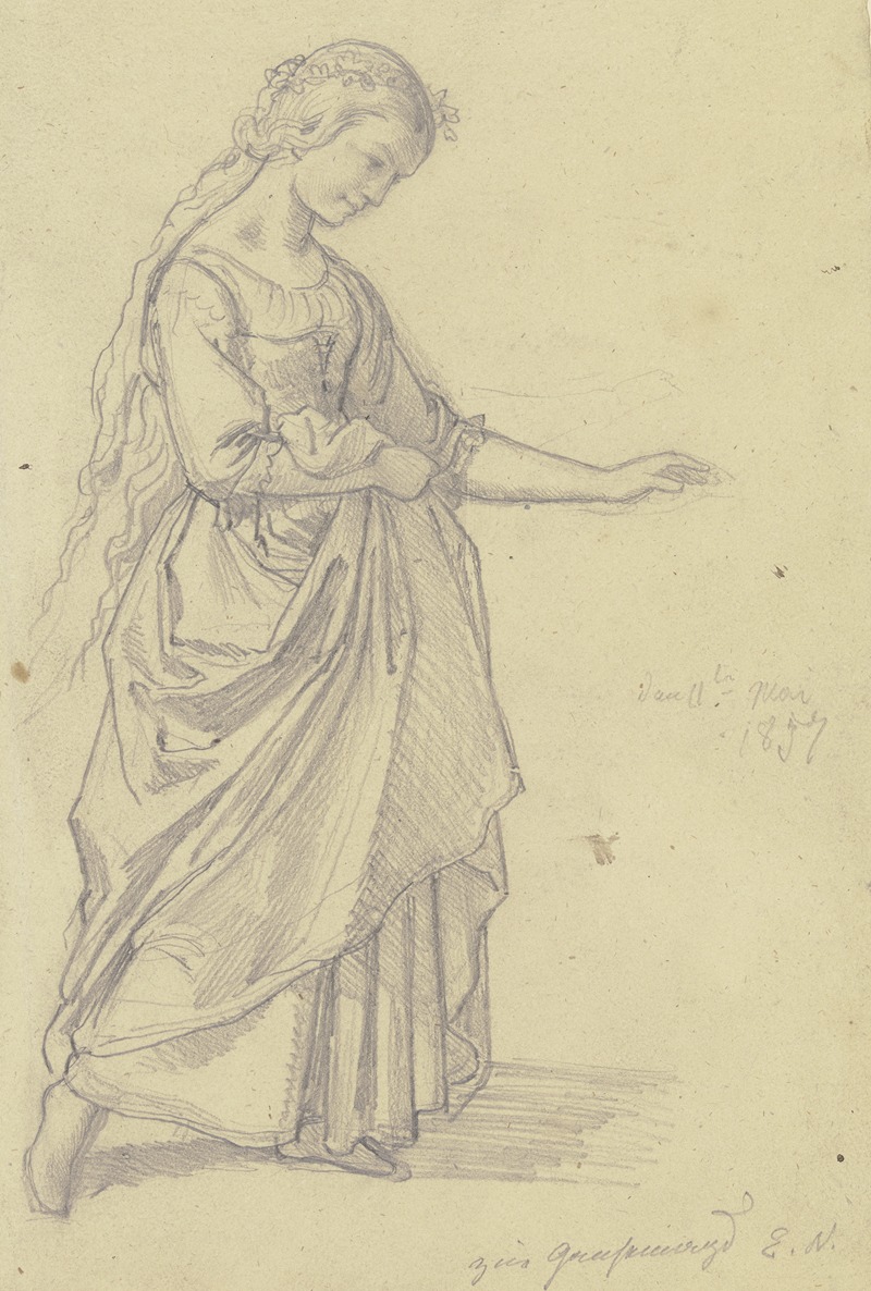 a vintage pencil drawing of a woman in a long dress and gown, with long hair, standing in a full length pose. the art appears to be historical in nature, from the year 1857, and is signed by the artist gijsbertus craeyvanger.