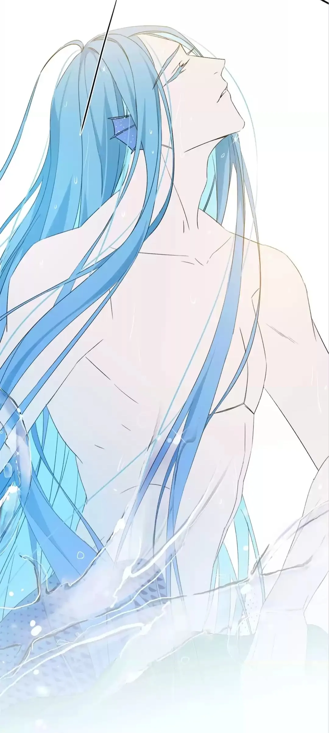 he image is a digital drawing or illustration that depicts a young man with long, flowing blue hair, possibly a merman or water deity, emerging from water. he has a slender build and is partially submerged, with water droplets and splashes visible. the color palette is soft and pastel, with shades of blue, white, and light pink dominating. the style is reminiscent of anime or manhwa, with a focus on elegant lines and a dreamy atmosphere. the overall mood is one of serenity and otherworldly beauty.