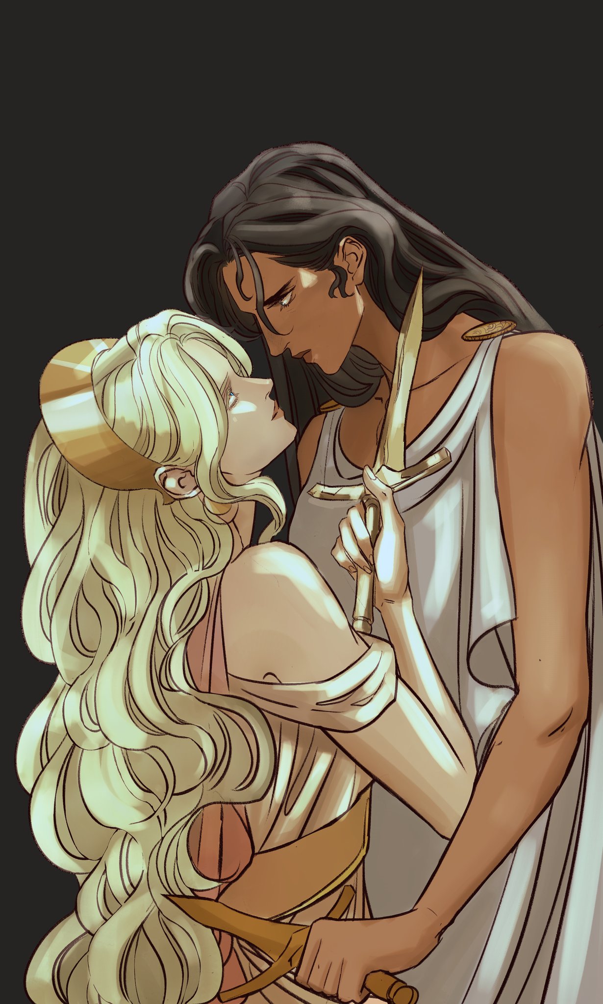 an illustration depicts a close, intimate moment between two figures. on the left, a woman with long, flowing blonde hair adorned with a golden headband gazes upwards. she wears a draped garment with golden accents. on the right, a figure with dark hair looks down at her with a slightly stern expression, wearing a simple white drape. both figures are holding swords; the woman at her side, the other held upwards between them. the background is a dark, solid color, focusing the viewer's attention on the dynamic between the characters, which suggests romance, tension, and a hint of danger.