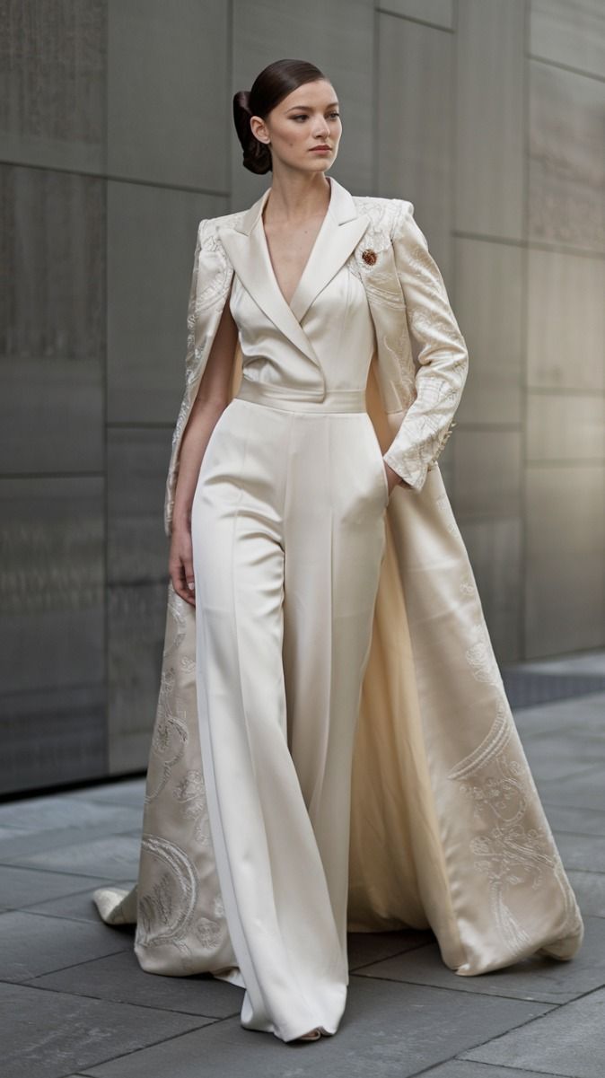 a woman stands in front of a gray wall, wearing a light creamcolored jumpsuit with a matching cape. the jumpsuit has a doublebreasted style bodice with a deep vneck, and widelegged pants. the cape drapes down her back and has intricate patterns at the end. she has her hand in her pocket, and her hair is styled in a low bun.