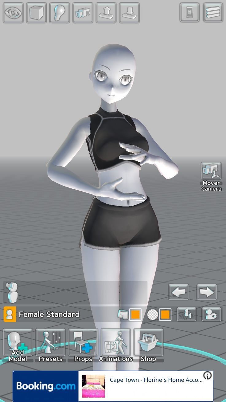a female character standing in a 3d design program. the character looks cartoonlike and is rendered in a white background. the character is wearing a black sport top and shorts.