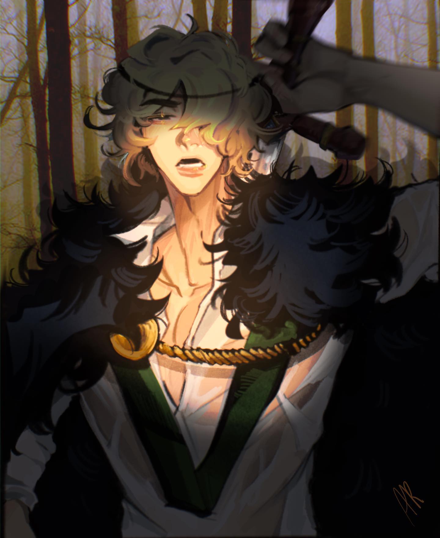the digital painting depicts a young man with shoulderlength blond hair, wearing a dark, furtrimmed robe over a sheer white shirt and a green vest. a golden necklace or rope is around his neck. he appears to be captured or restrained, with what looks like a sword or other weapon being held by an unseen hand behind him.  the background is a dark forest, creating a mysterious and slightly suspenseful mood, emphasized by the dramatic lighting focusing on the character's face. the overall style is dark fantasy, with a focus on detail and a stylized approach to rendering.