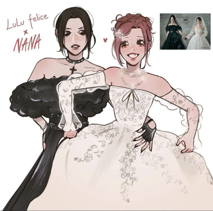 the image is a digital fanart depicting two animestyle female characters. one is dressed in a black gothicinspired dress with long sleeves and a fluffy black capelet, while the other wears a white, intricately designed wedding dress with long sleeves and gloves. they appear close and affectionate, with the girl in black appearing to support or accompany the one in the white dress.  a small image in the upper right corner shows two women in similar attire, one in black and one in white. the text "lulu felice x nana" is visible in the upper left corner, suggesting the characters' names or artist's signature. the overall style is soft yet has a dark contrast between the clothing choices. the art is highly detailed and showcases skillful blending of tones and textures.