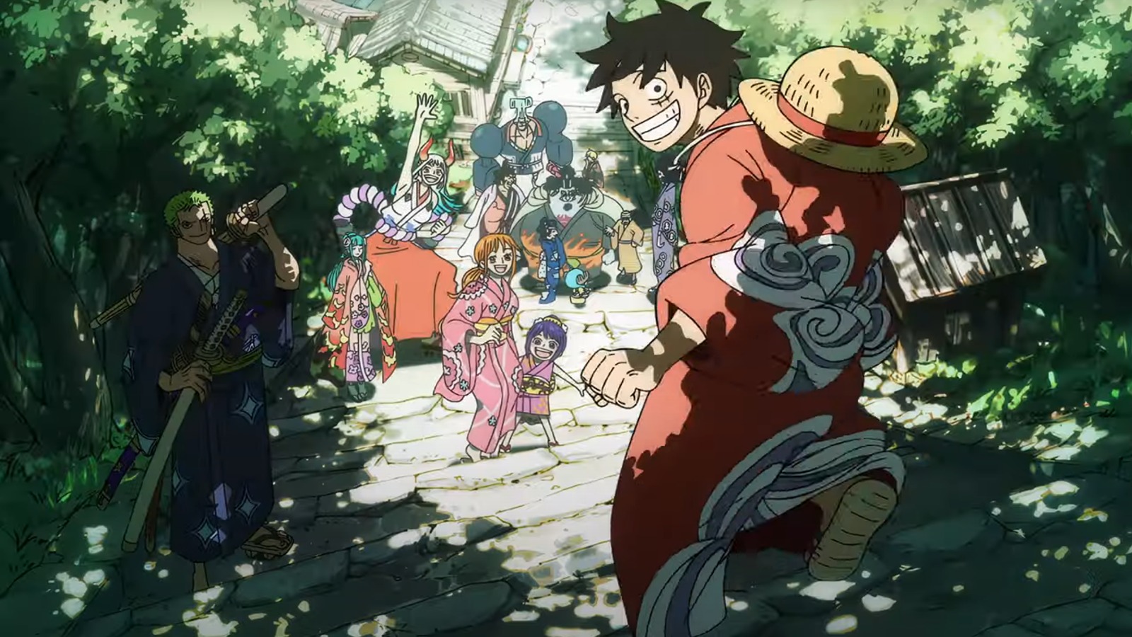 the illustration shows the straw hat pirates from the anime one piece, all dressed in colorful yukatas, walking down a path in a village. the sun is shining brightly, creating a cheerful and festive atmosphere.