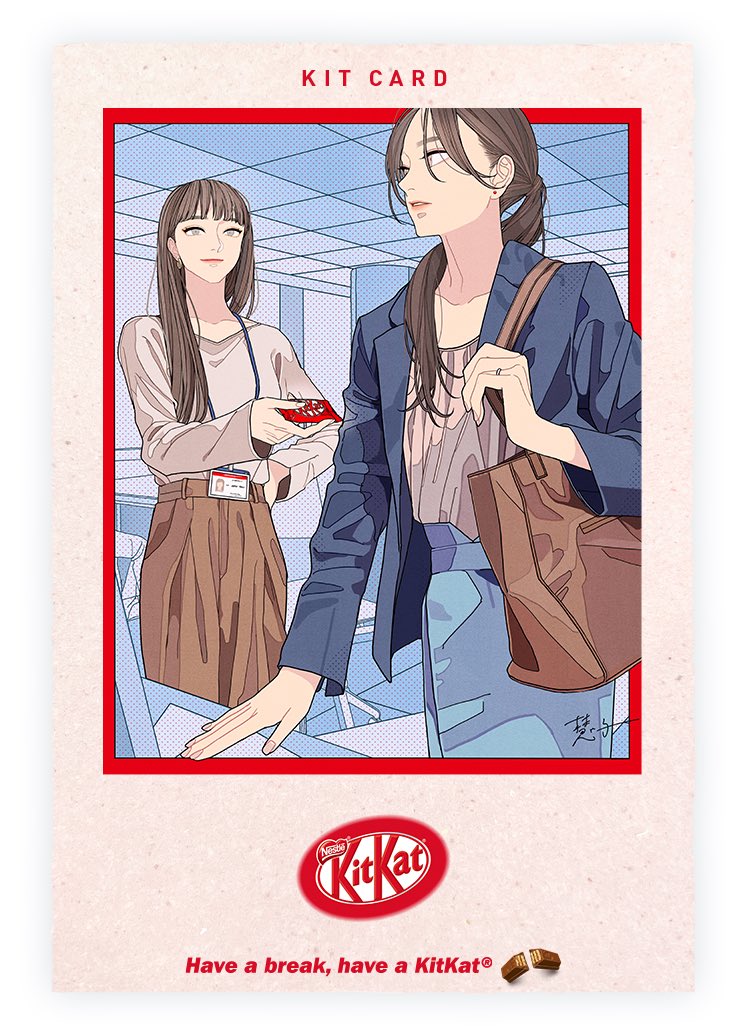 a kit kat advertisement featuring an animestyle drawing of two women in an office setting. one woman is holding a red kit kat card, while the other is dressed in business casual attire with a shoulder bag. the kit kat logo and slogan "have a break, have a kit kat" are displayed at the bottom. the title "kit card" is displayed at the top of the image.