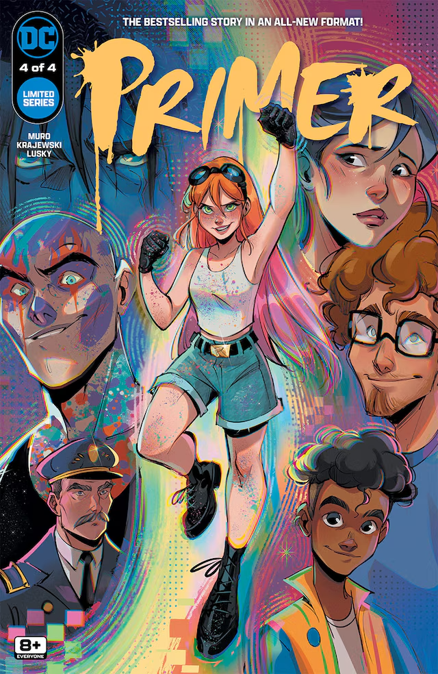 the image is the cover of the fourth issue of the dc comics series "primer." it features a diverse group of six characters, with a young woman in the center positioned heroically.  she is surrounded by other characters, suggesting a team dynamic. the background is a vibrant, abstract design with paint splatters and a grid pattern, conveying a sense of energy and action. the overall aesthetic is bright and colorful, targeting a younger audience interested in superhero adventures.