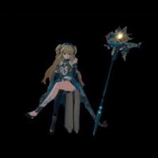 the image shows a digital rendering of an animestyle female character wearing fantasy clothing. she has blonde hair and stands next to a long staff topped with a glowing orb. the background is solid black.