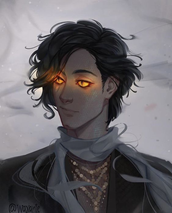 a digital portrait showcases a young man with ethereal beauty against a snowy backdrop.  his most striking feature is his  golden, reptilian eyes, hinting at a magical nature. his skin is pale, complementing his dark, windswept hair. he wears a dark jacket, a flowing white scarf, and intricate gold necklaces that add to his air of mystery.  the soft, warm lighting casts a gentle glow on his face, further enhancing the overall ethereal quality of the image.