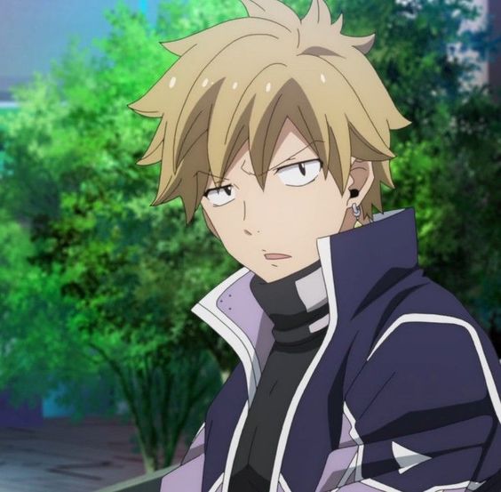 a closeup depiction of an anime boy set against an outdoor backdrop. the character, with spiky blonde hair, displays a neutral expression.  he's dressed in attire reflecting an anime aesthetic: a black and white jacket with purple accents.  the background features a blend of green hues, suggesting trees and foliage, blurred to emphasize the character in the foreground.  the image utilizes a soft lighting style for a gentle visual feel.