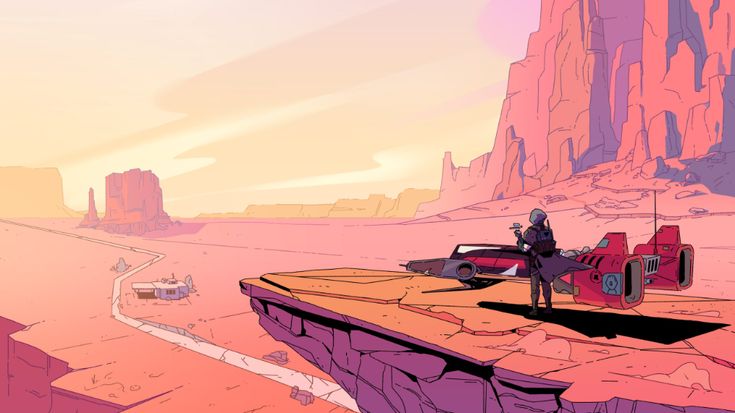 a lone figure stands on a cliff overlooking a vast, desert landscape. the sun is setting in the distance, casting a warm glow over the scene. the figure is wearing a spacesuit and helmet, and there is a futuristiclooking vehicle parked behind them. in the distance, there is a small building and a winding road. the art style is stylized and geometric, with bold colors and clean lines.
