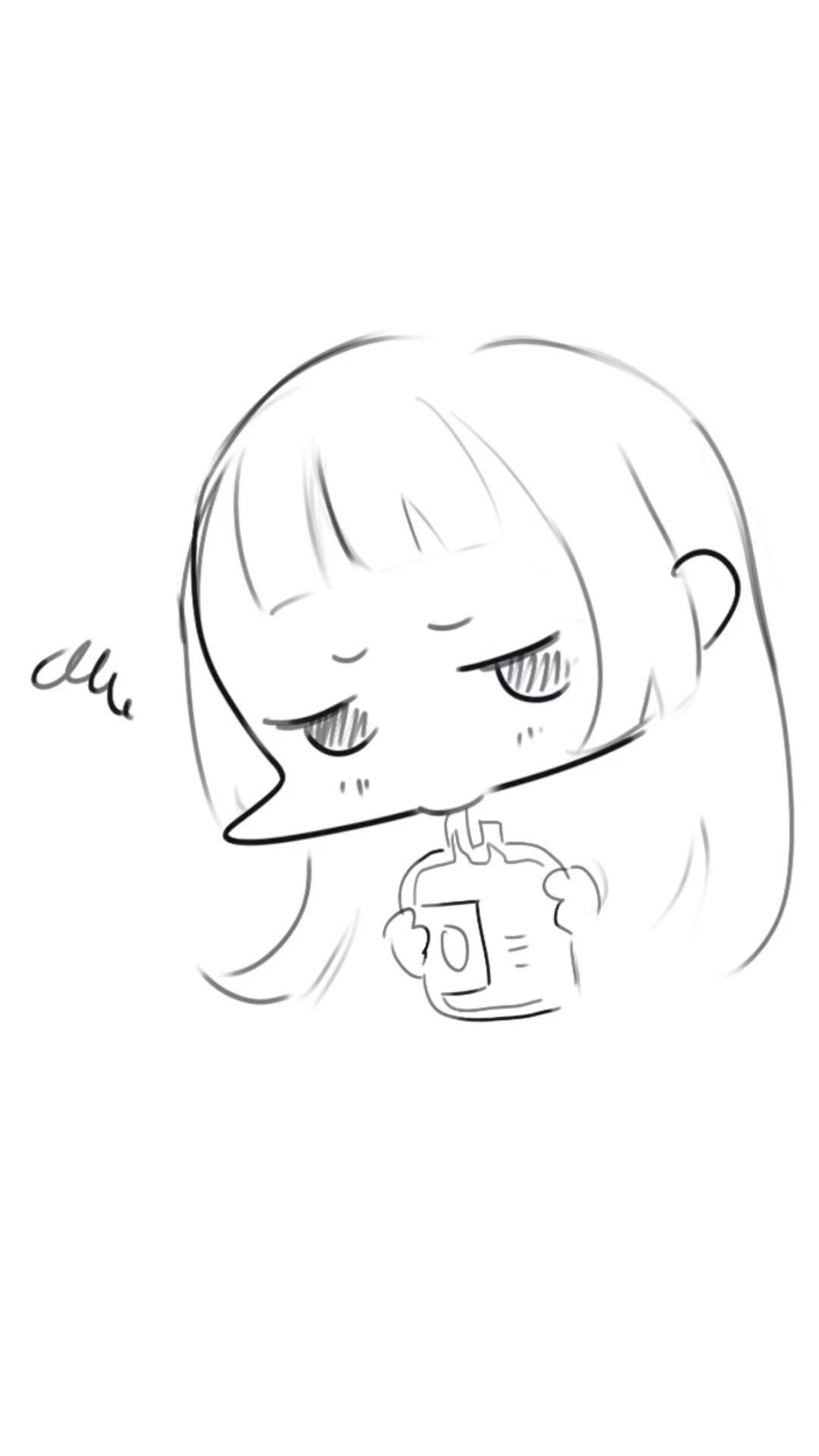 the image is a simple, black and white sketch of a chibi anime girl. she has long hair, and her expression is one of tiredness or boredom. she is holding a small rectangular object in her hands. the style is casual and doodlelike.