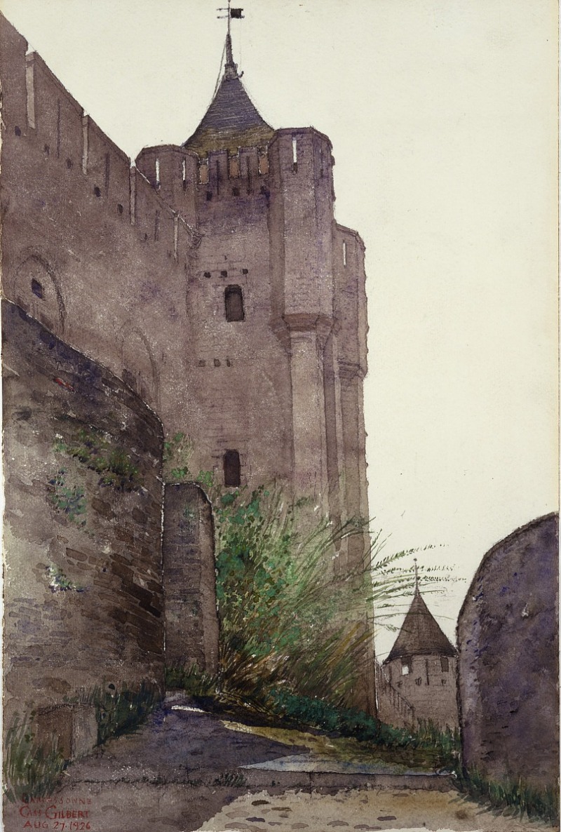 a watercolor painting depicting a medieval castle scene. the scene features a large stone wall and tower with a conical roof and flagpole. a path leads between the walls, with greenery growing near the stone structures. in the background, another tower is visible. the painting is signed "carl gilbert" with the date "aug 27, 1926."