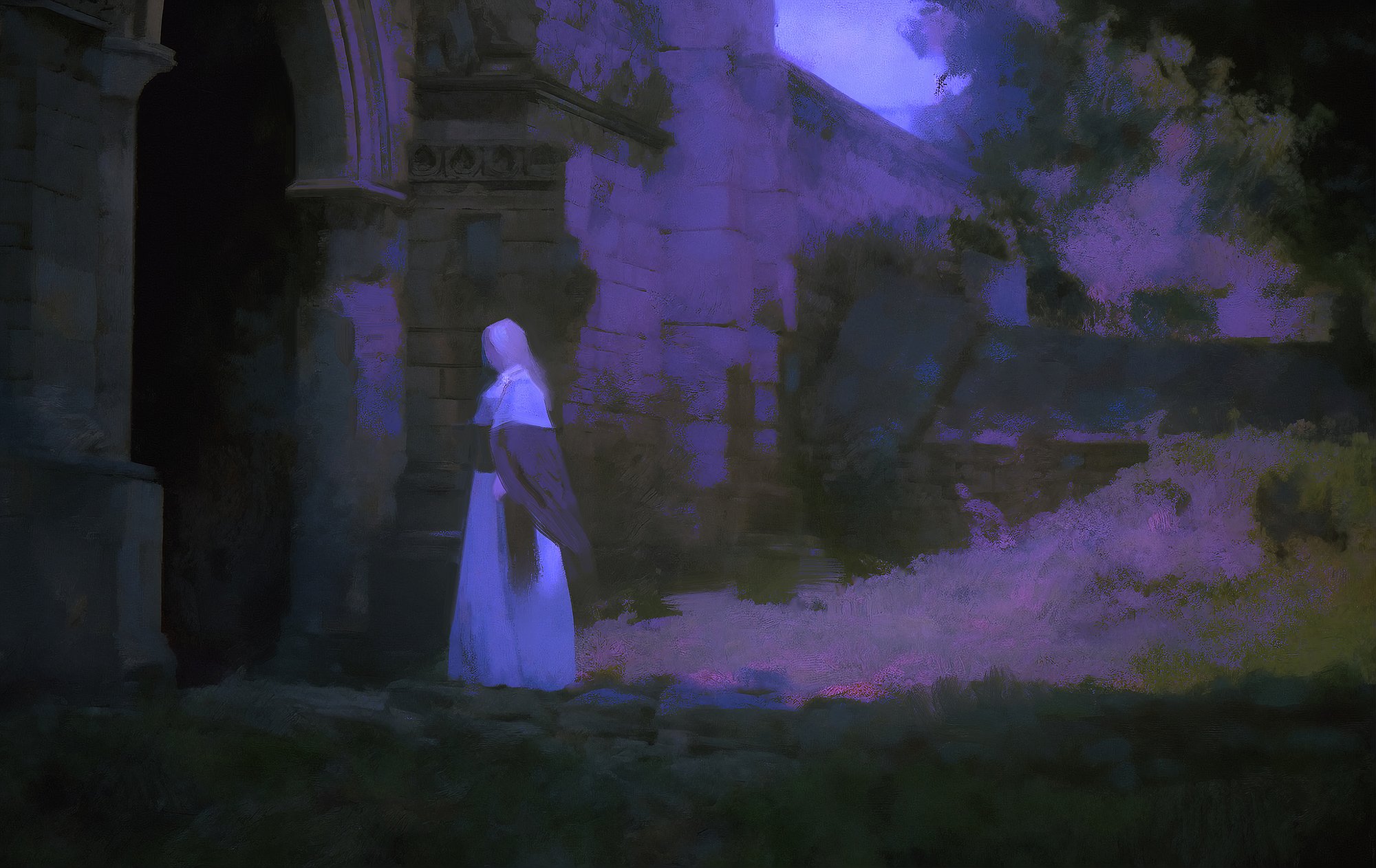 a woman in a white hooded dress stands in a dark doorway of an ancient stone building.  the building is old and weathered, and the surrounding area is dark and mysterious.  the woman's figure is almost ghostly in the shadows. the scene is reminiscent of a gothic fairy tale or fantasy world.  the painting is done in a soft, painterly style, and the colors are muted and ethereal.