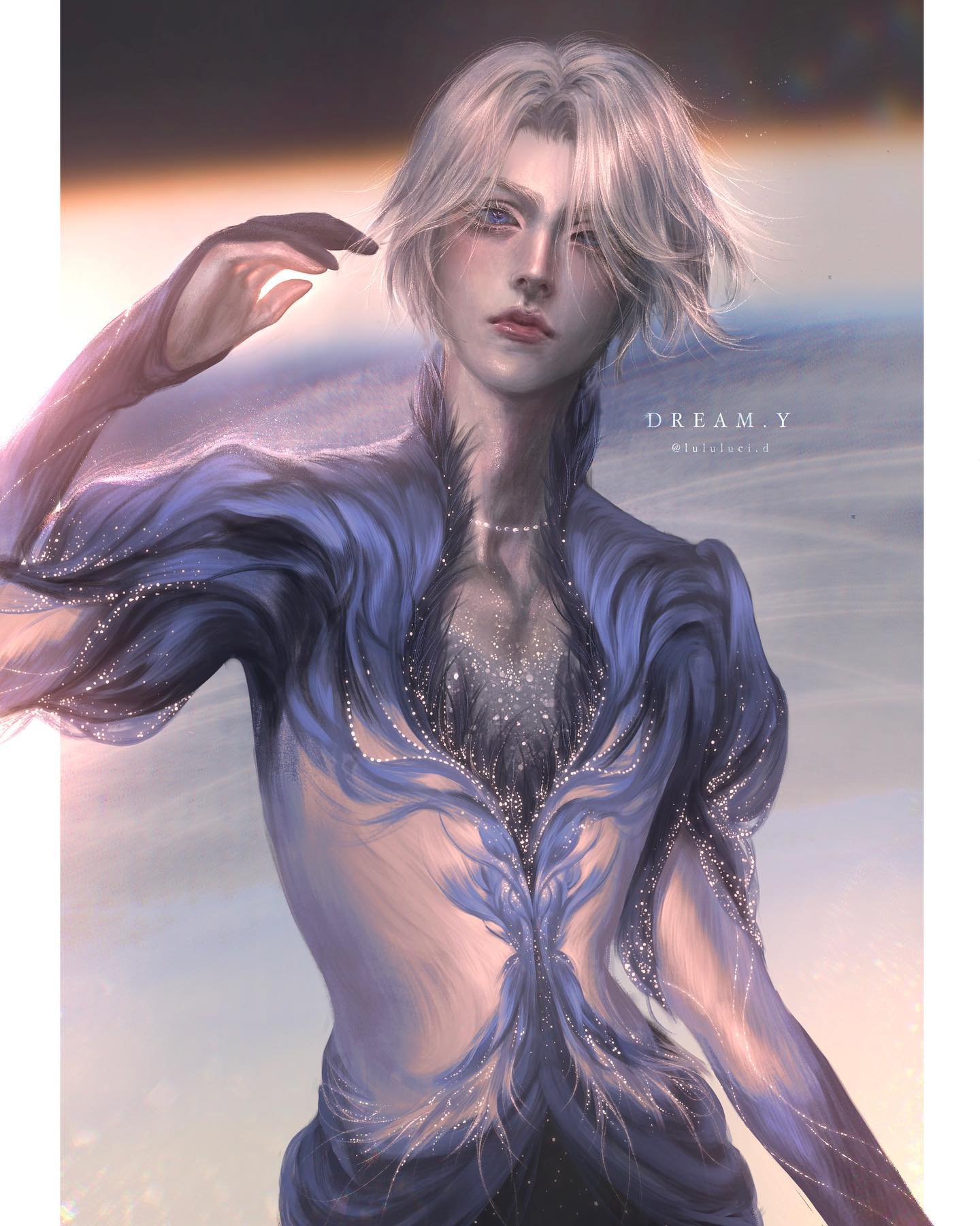 this is a digital painting of a handsome male figure skater. he is wearing a sparkling blue and lavender skating costume with silver embellishments. the skating costume has a delicate and artistic design with long, flowing sleeves and a flowing skirt. the skater has white hair and striking blue eyes. he is in a graceful, ethereal pose that suggests he is in the middle of performing a figure skating routine. the painting has a dreamy and artistic quality, with soft lighting and a blurred background. the overall effect is elegant and sophisticated, capturing the beauty and grace of figure skating.