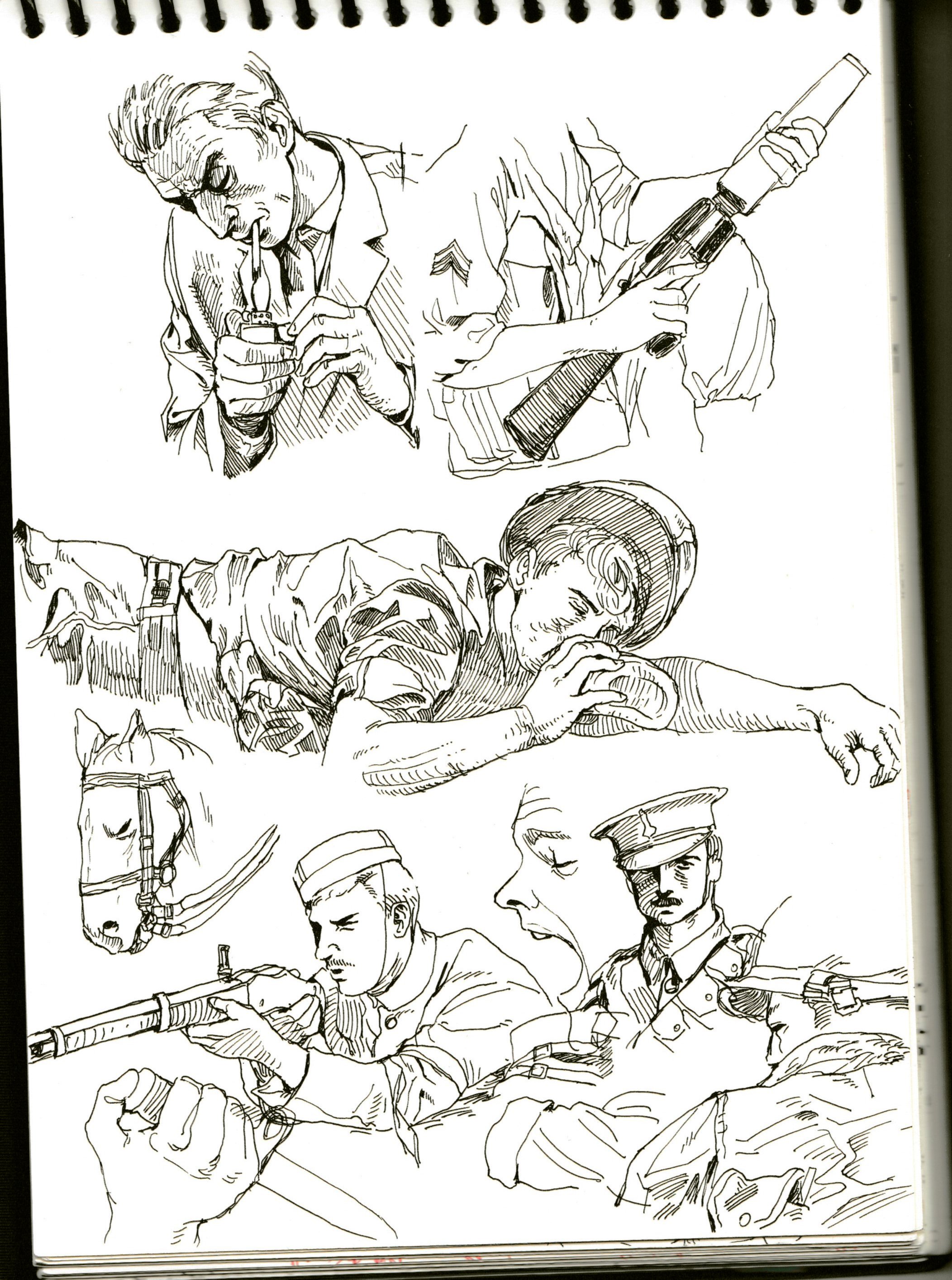 a sketchbook page with ink drawings of men in military uniform.  the top drawing shows a soldier with a gun aiming and firing.  the middle drawing shows a soldier holding a rifle while prone. the bottom drawing shows a soldier aiming a rifle, with another soldier looking on.   the drawing is detailed and realistic and is a great example of military art.