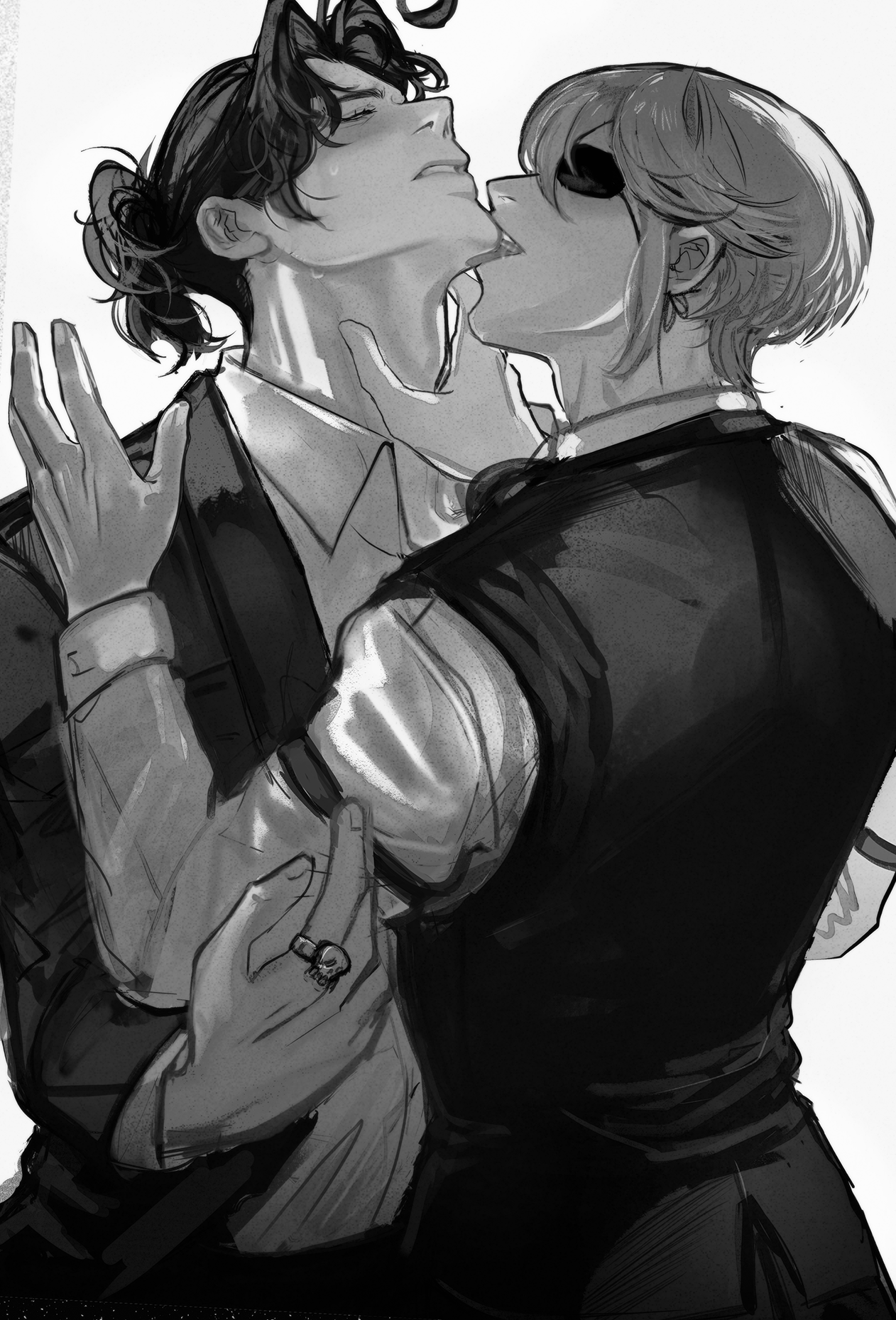 a black and white drawing of two men in suits, one with his arms around the other, kissing and holding each other. the man in the background is wearing a suit with a vest and the man in the foreground is wearing a suit with a tie and white shirt. the two men are affectionate towards each other and appear to be in a romantic relationship.