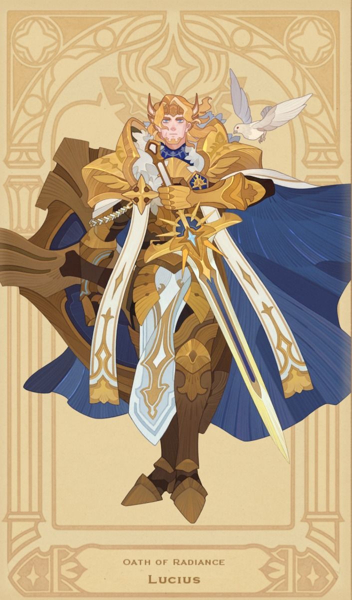 a digital illustration of lucius, a paladin who took the oath of radiance. he is a blonde man wearing ornate golden armor and a flowing blue cape. he holds a sword in front of him and has a dove perched on his left hand.  the background features a stained glass window motif and the words "oath of radiance" and "lucius".