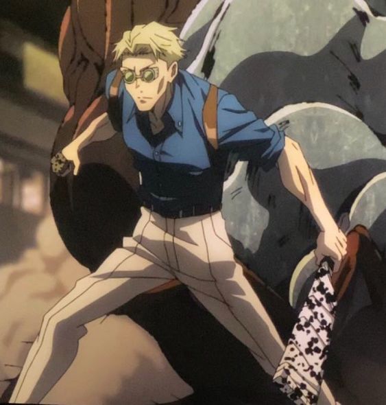 this image is an anime illustration of  willie tybur, a character from the anime and manga series attack on titan. he is in a fighting stance, holding a spiked club in his right hand. he's wearing round spectacles, a blue buttondown, an offwhite belt, and offwhite trousers.