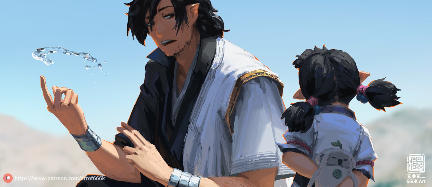 the digital painting showcases a heartwarming scene between a male and a female character. the male, possibly an elf judging by his pointed ears, is dressed in a flowing robelike garment that is predominantly white with hints of darker colors. his expression is somewhat melancholic.  he is manipulating a small stream of water with his index finger, demonstrating some form of elemental control.  the female, who appears to be much younger and possibly also an elf, has her back turned, and is dressed in simpler, more casual attire, with a koalashaped backpack.  her dark hair is pulled into two pigtails. the background features a hazy, sunny mountain range, creating a calm and serene atmosphere. the overall style leans toward anime or fantasy art with soft brushstrokes and muted color palettes. the artwork conveys a sense of connection between the two figures, perhaps hinting at a fatherdaughter relationship or a similar familial bond.