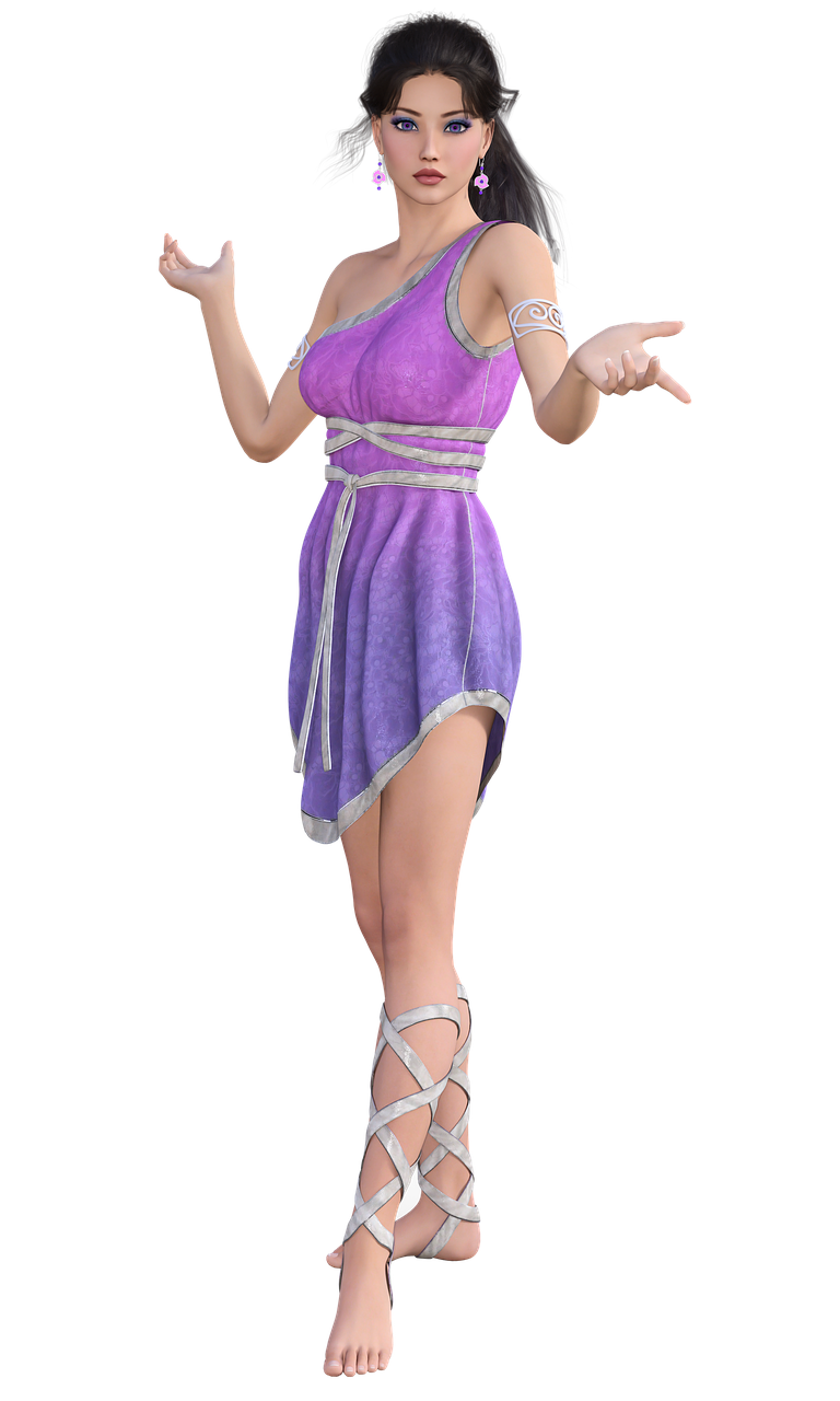 a digital rendering depicts a slender woman dressed as a greek goddess. she wears a oneshoulder purple dress with silver trim and straps, kneehigh silver sandals, and matching jewelry. she stands barefoot against a black background. her arms are raised and slightly outstretched, with an inviting gesture.