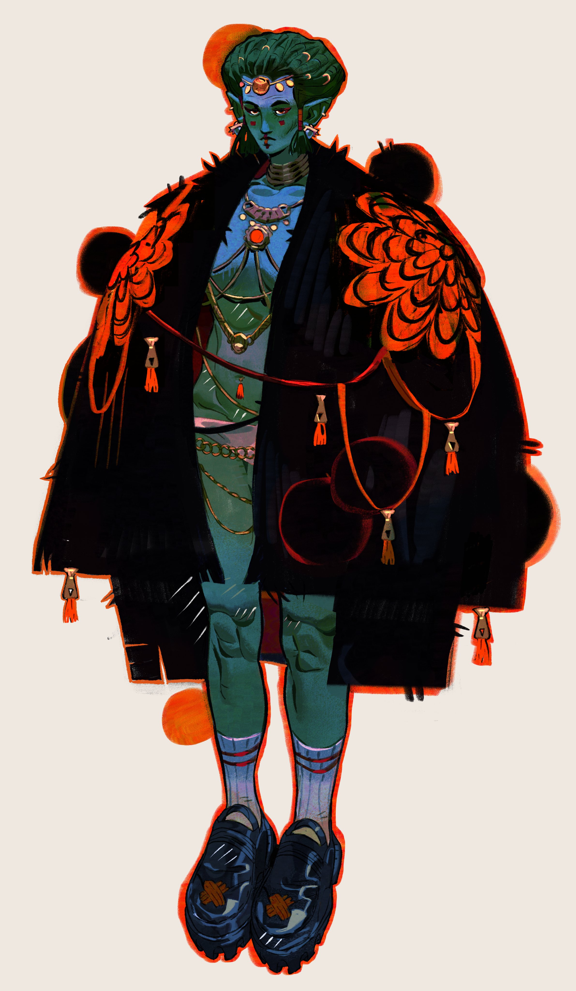 the image is a digital painting or illustration of a stylized female character. she appears to be of an elf or alien race, with green skin and blue hair styled in an updo. she's wearing a long, black coat adorned with orange floral patterns that look like chrysanthemums. the coat has tassels and decorative elements. underneath, she wears a teal and gold outfit and numerous ornate golden and jeweltoned necklaces. her shoes are chunky and dark colored with additional design details. she has striking features, and her expression is serious. the background is simple and light, allowing the character and her outfit to be the focus. the overall style is a blend of fantasy and modern fashion elements.  the color palette is vivid, with contrasting shades of green, blue, orange, black, and gold. the art style is dynamic and expressive.