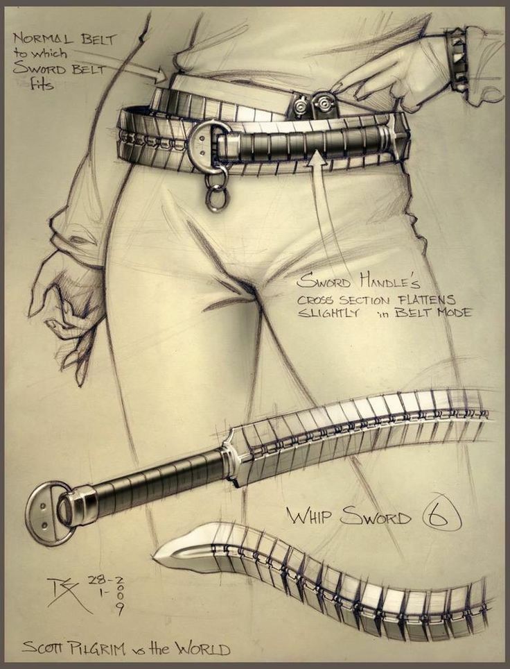 a sketch of a person wearing a belt with a sword attached to it. the sword is designed to be worn as a belt and can transform into a whip.