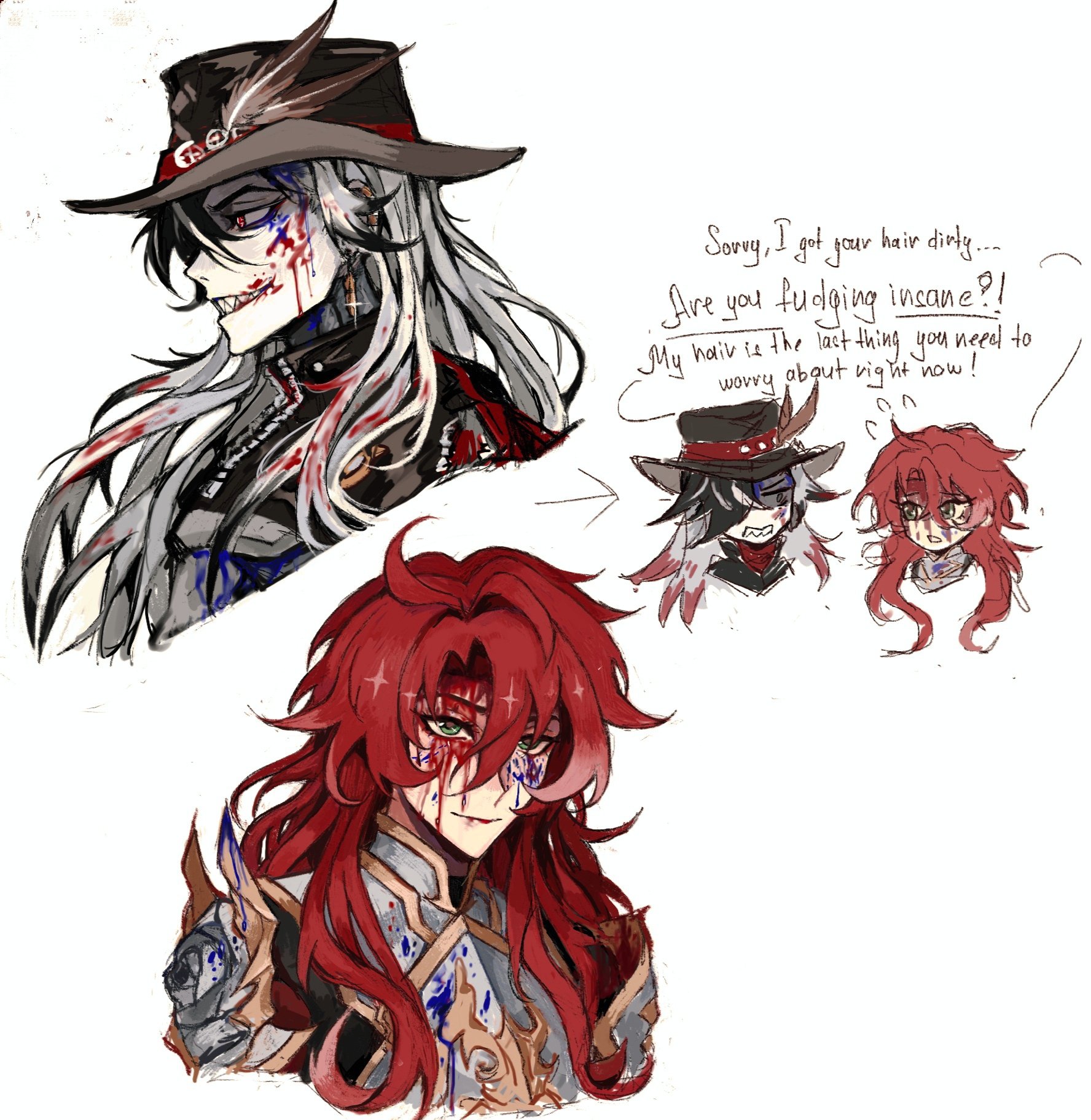 he image contains a digital drawing featuring three male characters with varying hairstyles and expressions. the central figure is a man with long, flowing red hair, adorned with an ornate collar, showing signs of injury with blood stains on his face and chest.  to his upper left is a man with long, white hair, wearing a widebrimmed hat and similarly displaying bloodstains.  two smaller illustrations of similar characters, one with white and the other with red hair, appear in the upper right. a speech bubble near the top explains that the artist has gotten one of the characters' hair dirty, and then asks if they are insane, emphasizing that hair is the least of their worries in the present situation. the art style is reminiscent of anime and manga, with bold lines, expressive features, and vibrant colors.