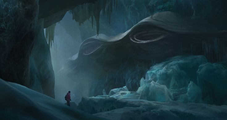 an artwork depicting a person standing inside a large ice cave. above the person is a massive, somewhat organiclooking structure embedded in the cave ceiling. the cave is adorned with stalactites and various ice formations. the overall color palette is dominated by cool blue tones, suggesting a cold, icy environment. the person appears small in comparison to the scale of the cave and the structure above.
